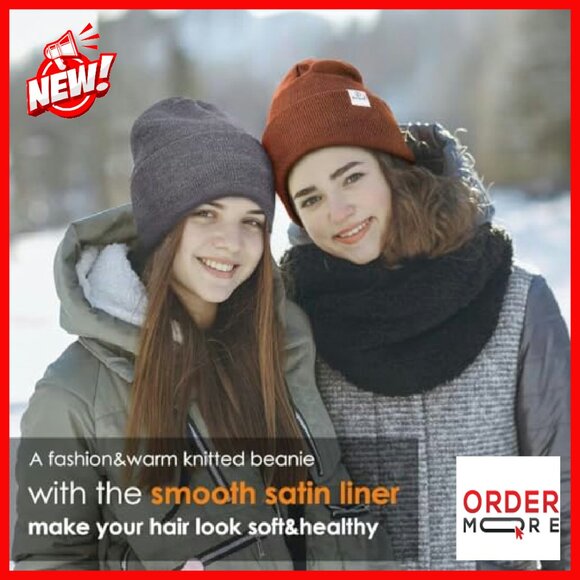 Satin Lined Winter Beanie Set, 3 Pack Silk Lined Soft Hats for Women - Picture 7 of 8